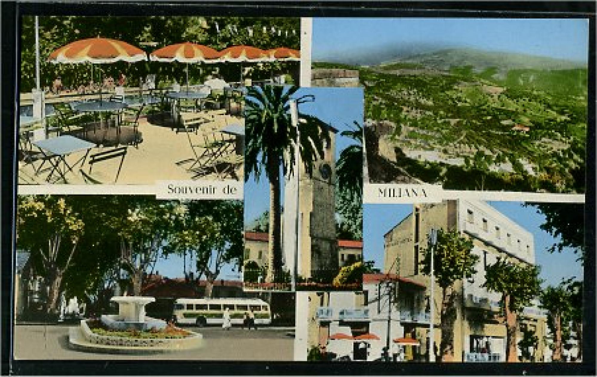 Miliana  - souvenir de miliana - le rond point, la piscine municipale, vue générale, le grand hôtel, l'horloge