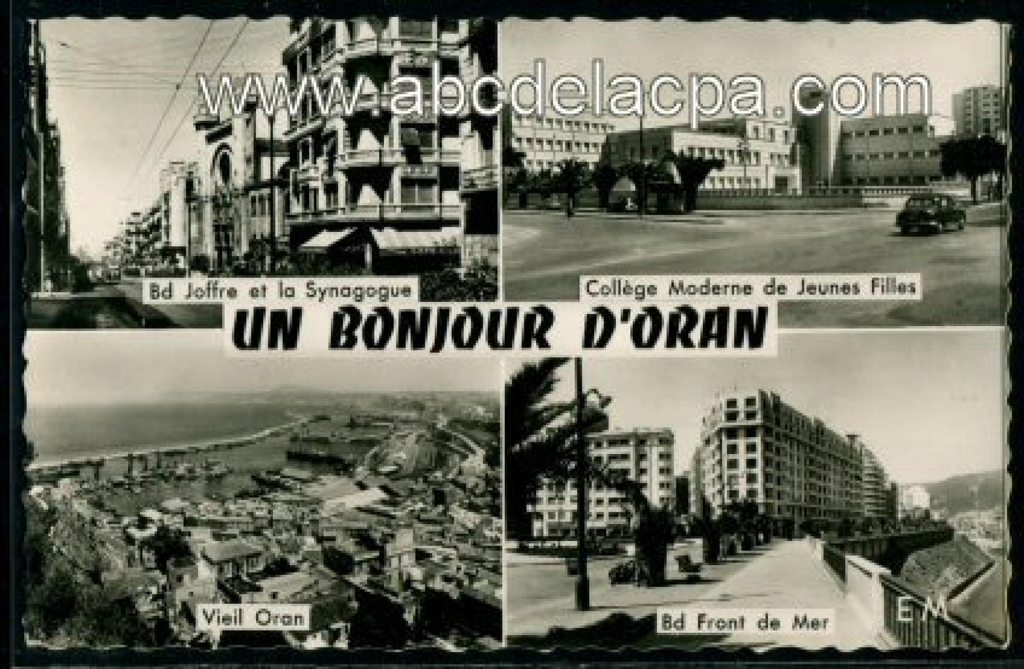 Oran - Rues  - un bonjour d'oran - boulevard joffre et la synagogue - collège moderne de jeunes filles - vieil oran - bd front de mer