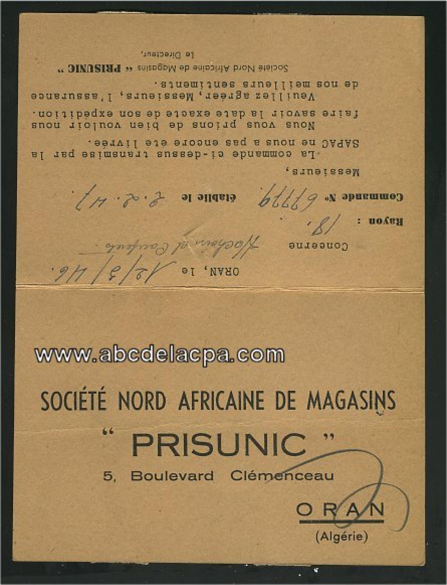Oran - Divers  - prisunic - société nord africaine de magasins à prix uniques, 5 boulevard clemenceau, oran - bulletin de commande