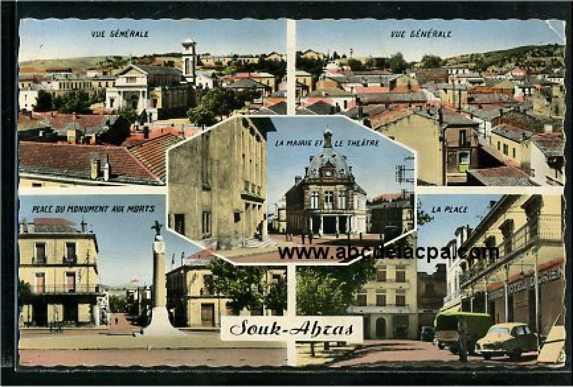 Souk Ahras  - souvenir - vue générale - place du monument aux morts - la mairie et le théâtre - la place