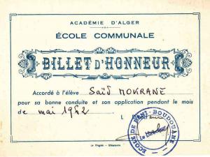 Billet d'Honneur ecole communale Académie d4alger