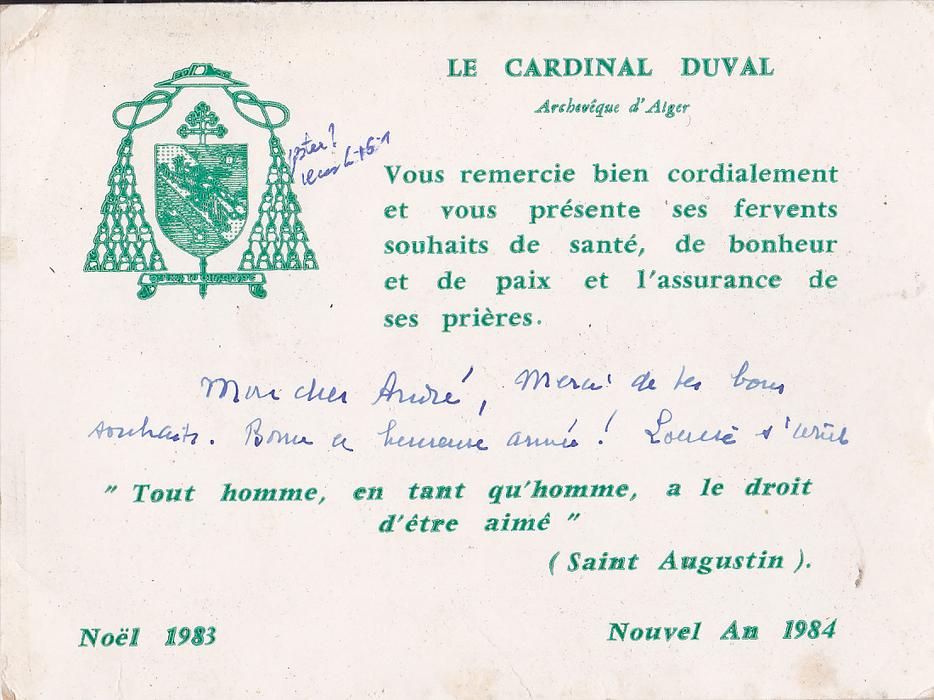 carte  de voeux---cardinal duval--archeveque d´alger