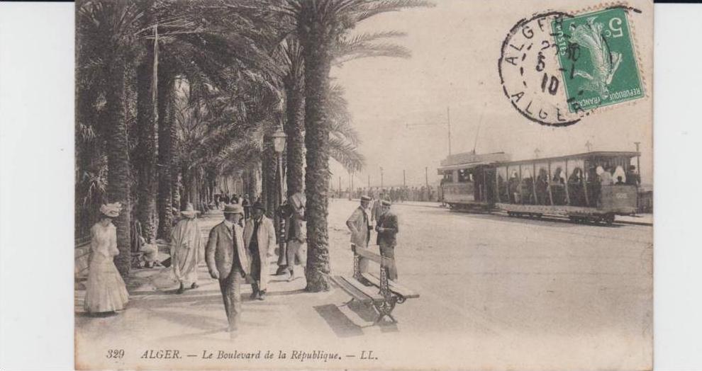 ALGER - Le Boulevard de la République ( belle animation avec trams - timbre à date de 1910 )