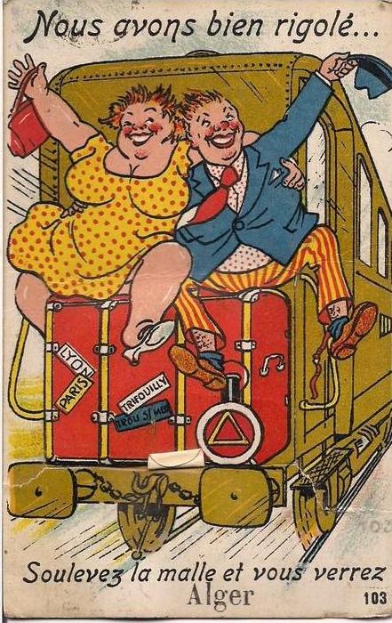 CPA RARE CARTE A SYSTEME NOUS AVONS BIEN RIGOLE SOULEVEZ LA MALLE ET VOUS VERREZ ALGER MULTIVUE