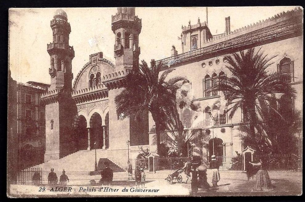 CPA ANCIENNE- ALGÉRIE- ALGER-  PALAIS D'HIVER DU GOUVERNEUR- FACADE EN TRES GROS PLAN AVEC ANIMATION-