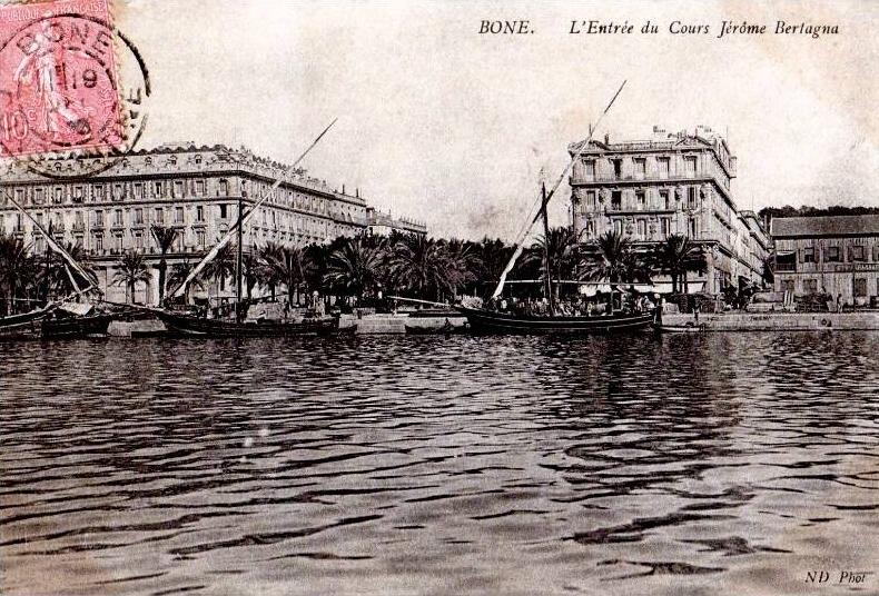 CPA ALGERIE BONE L'ENTREE DU COURS JEROME BARLAGNA ND PHOT ANIMEE BATEAUX 1905