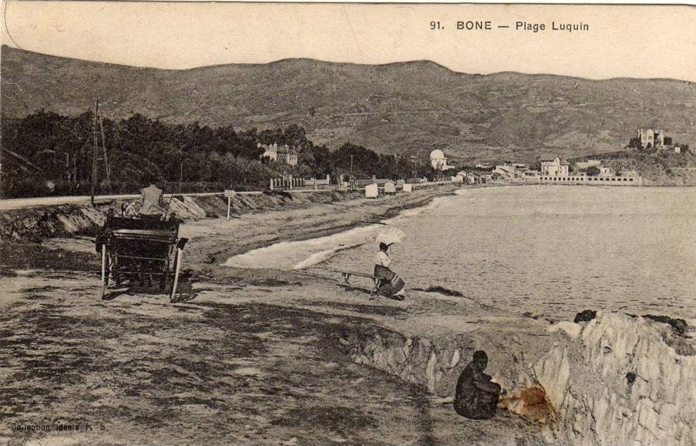 ALGERIE ANNABA BONE - Plage Luquin Carriole Homme en prière Belle vue avec villas et chalets