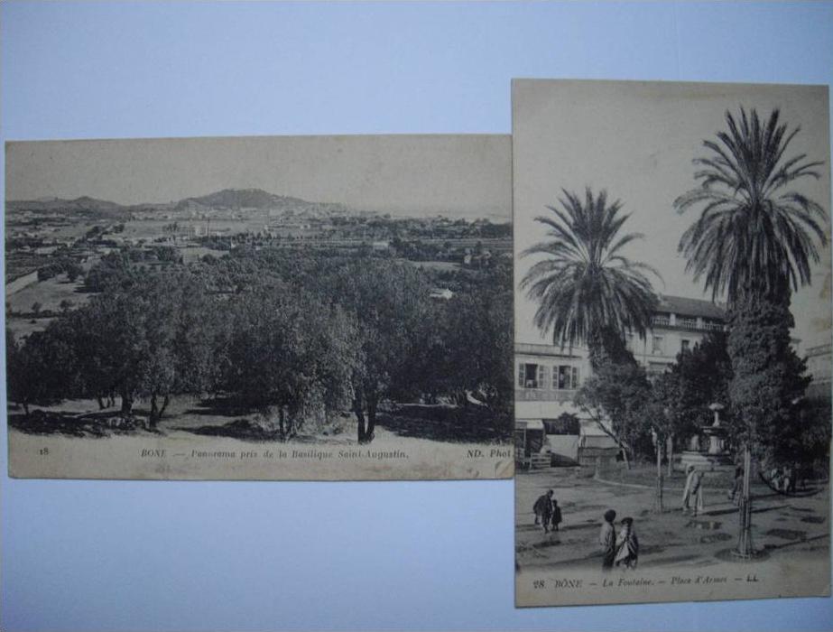 2 CPA BONE  panorama pris de la basilique saint augustin - la fontaine place d'armes