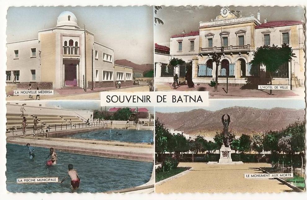CPSM Souvenir de BATNA Multivue Piscine animé Nouvelle Medersa Hotel de Ville Mairie Monument aux Morts VOIR Scan