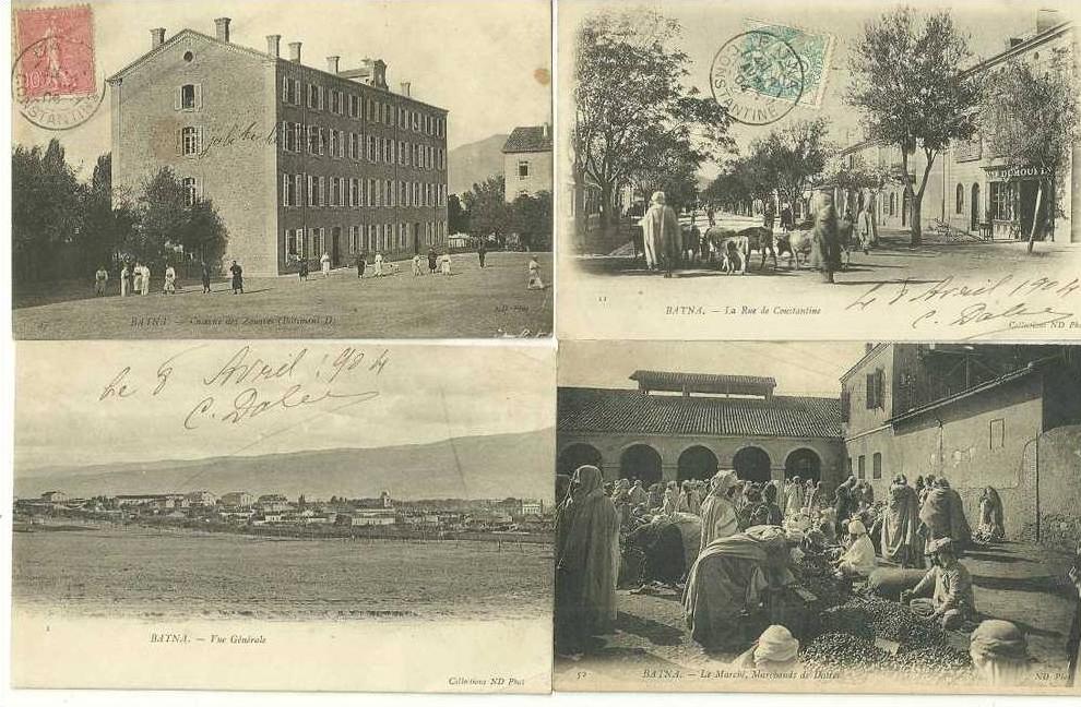 Algérie - BATNA -  4 CPA -  LE MARCHE -MARCHANDS DE DATTES, RUE DE CONSTANTINE 1904, CASERNE DES ZOUAVES  éditeur N.D.