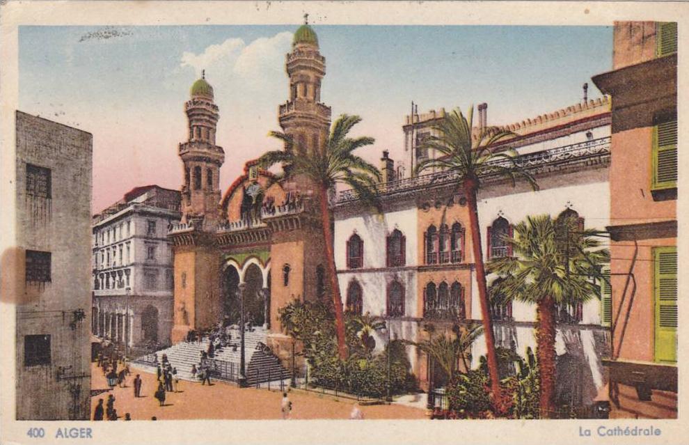 AFRIQUE DU NORD,ALGERIE,MAGHREB,ALGE R en 1949,2 timbres,la cathédrale,entrée,future mosquée à l'independance