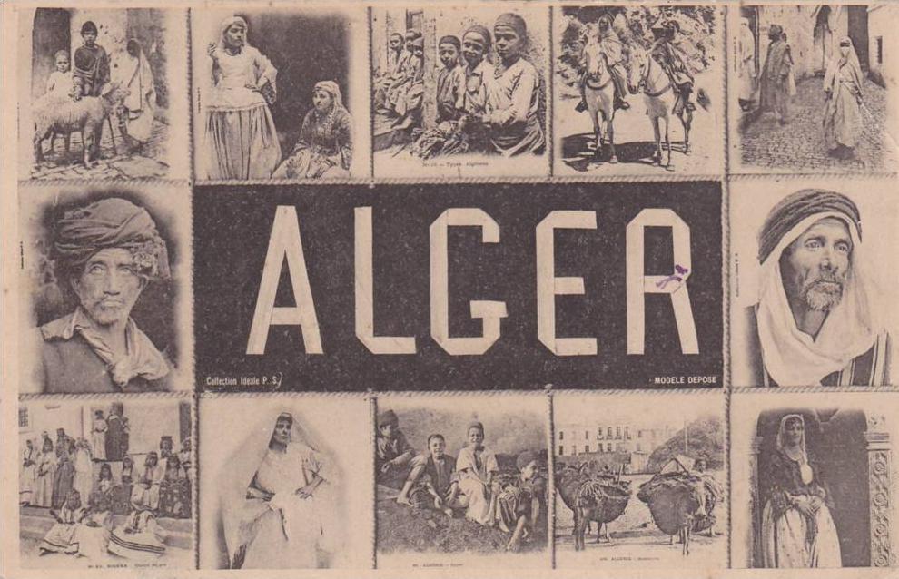 AFRIQUE DU NORD,ALGERIE,MAGHREB,ALGE R en 1905,carte ancienne avec timbre,12 vues sur la meme carte