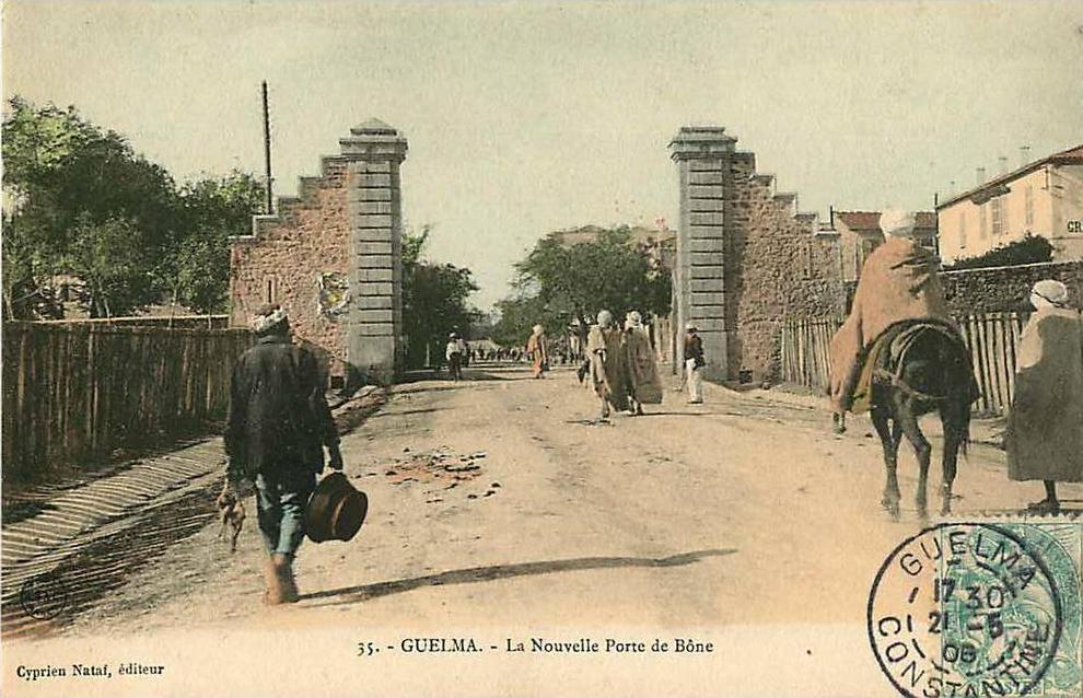 ALGERIE GUELMA  2 CARTES  1) LA NOUVELLE PORTE DE BONE  35 -  2)  lLA GRANDE ALLEE DU SQUARE  JAMAIS VUE SUR DELCAMPE