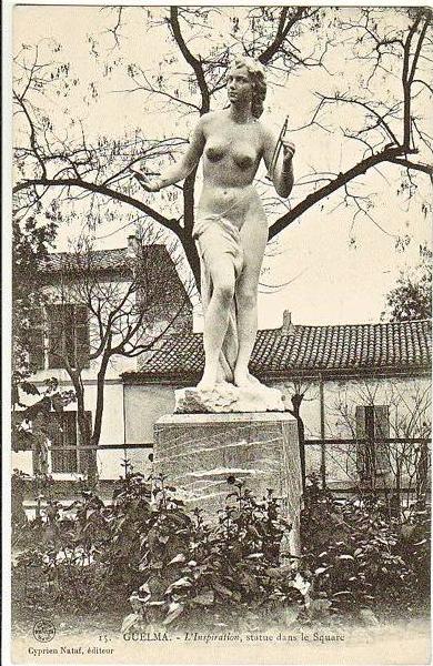 26-Guelma-Algerie Francaise-L'Inspiration,s tatue dans le Square-v.1908 x Paris-Timbre 5c. France.