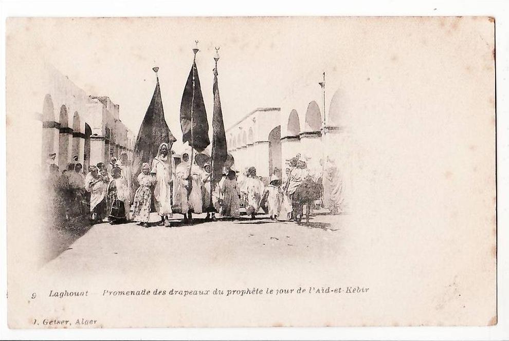 Algerie LAGHOUAT Jour AID et KEBIR Promenade DRAPEAUX PROPHETE CPA 1890s GEISER 9 Algeria Algerien Argelia Algerije