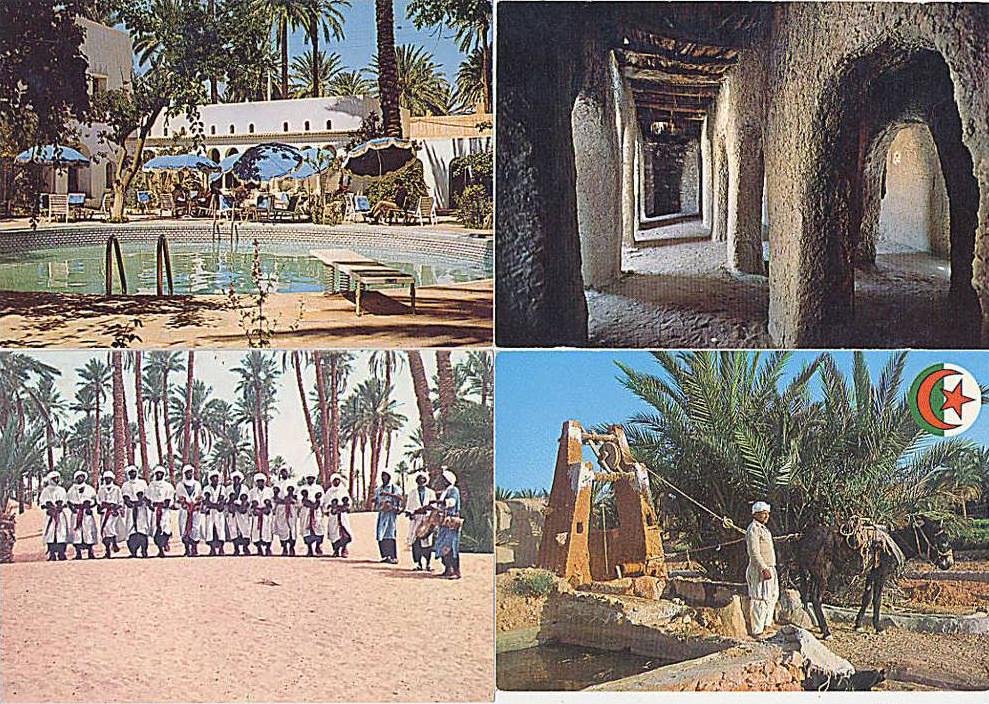4 CP Modernes , 1 LAGHOUAT hotel marhaba, 1 EL GOLEA le vieux ksar, 1 PUIT DU M´ZAB, 1 FOLKLORE ALGERIEN