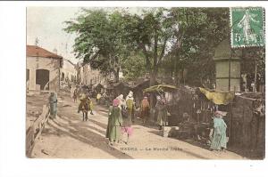 algérie - medea - le marché arabe en 1908 , timbre 10c taxe marron au dos
