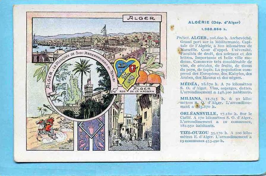 CPA PUB. VALDA - HERALDIQUE du Dept ALGERIE - BLASON - ALGER - MEDEA - MILIANA - TIZI OUZOU - ORLEANSVILLE