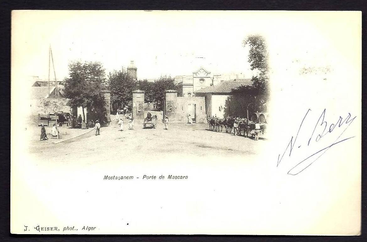 CPA  PRECURSEUR- ALGÉRIE- MOSTAGANEM- LA PORTE DE MASCARA  AVEC TRES BELLE ANIMATION-