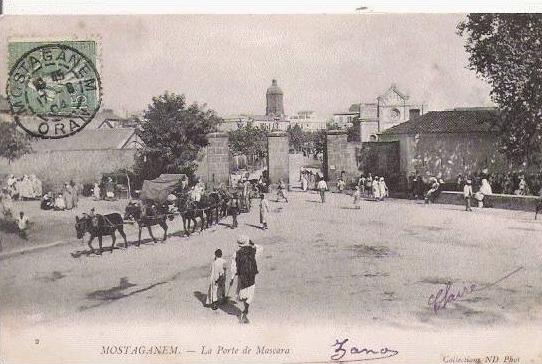 MOSTAGANEM 2 LA PORTE DE MASCARA  1904 (ATTELAGE CHEVAUX ET ANIMATION)