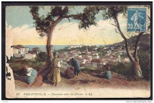 CPA COULEUR ANCIENNE- ALGERIE-  PHILIPPEVILLE- PANORAMA ENTRE LES OLIVIERS- BELLE ANIMATION GROS PLAN-