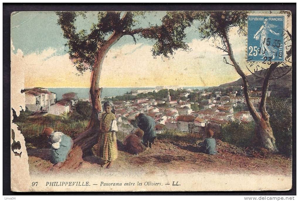 CPA COULEUR ANCIENNE- ALGERIE-  PHILIPPEVILLE- PANORAMA ENTRE LES OLIVIERS- BELLE ANIMATION GROS PLAN-