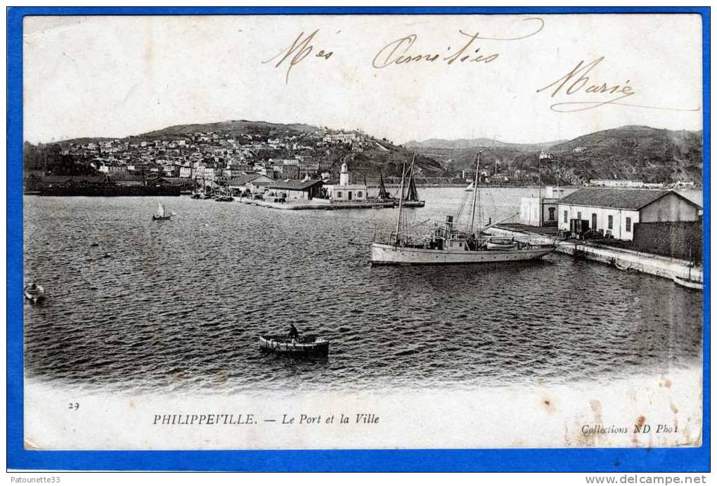 ALGERIE PHILIPPEVILLE LE PORT ET LA VILLE CARTE PRECURSEUR BATEAU  A VAPEUR