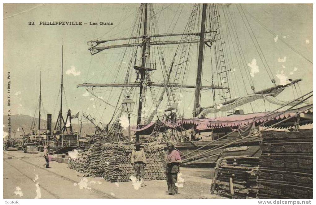 PHILIPPEVILLE  Les Quais Voilier Chargement  Colorisée Recto Verso