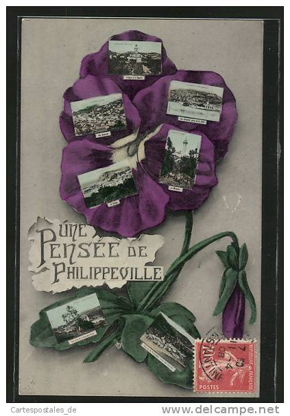 Blumengruss-CPA Philippeville, Panorama, Moschee und Kirche, Stiefmütterchen