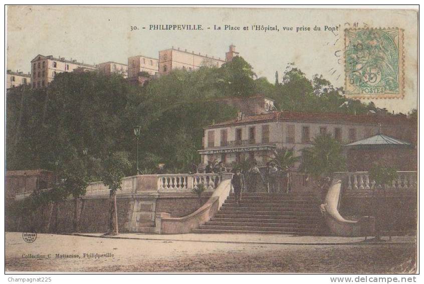 CPA ALGERIE PHILIPPEVILLE La Place et l'Hôpital Restaurant Kiosque à Musique carte colorisée 1906