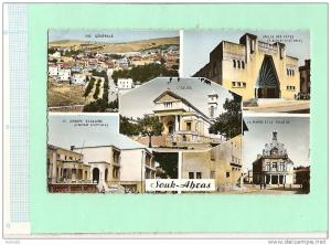 MEA70 ALGERIE - SOUK AHRAS multivues école église mairie théâtre (voir descr 2scan) colorisée écrite vers1950 format CPA