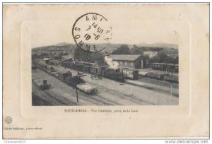 CPA ALGERIE SOUK AHRAS La Gare du Chemin de Fer Passage du Train carte embossée 1910