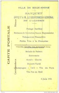 Algerie Algeria carte postale de Souk Ahras quartier frais vallon avec menu offert au gouverneur general, 1931, TBE