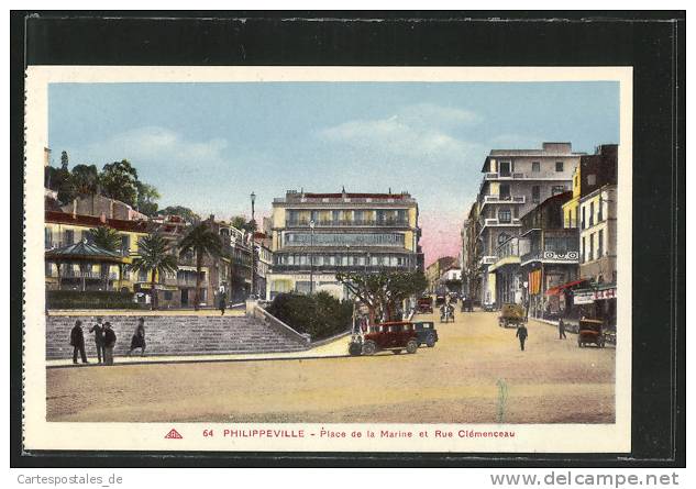CPA Philippeville, Place de la Marine et Rue Clemenceau