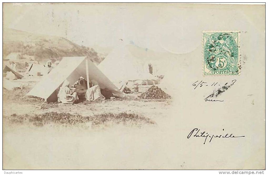 Philippeville  CARTE PHOTO, Campement Arabe. Dos simple. 3 Scans.