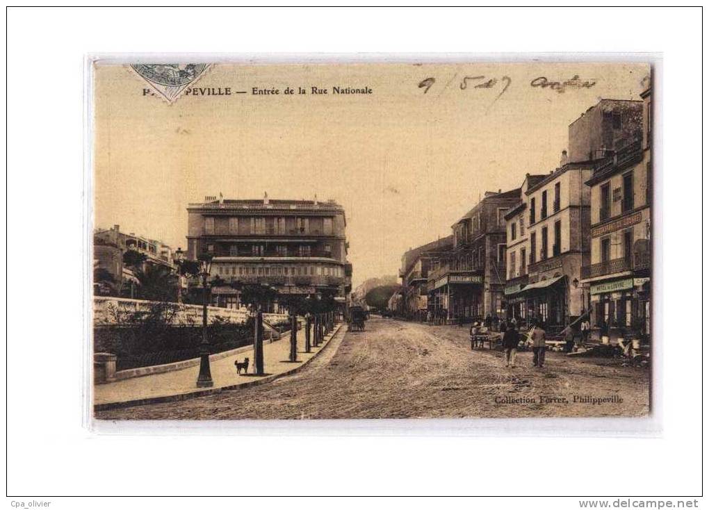 ALGERIE Philippeville Rue Nationale, Entrée, animée, Hotel du Louvre, carte toilée, colorisée, ed Ferrer, 1907