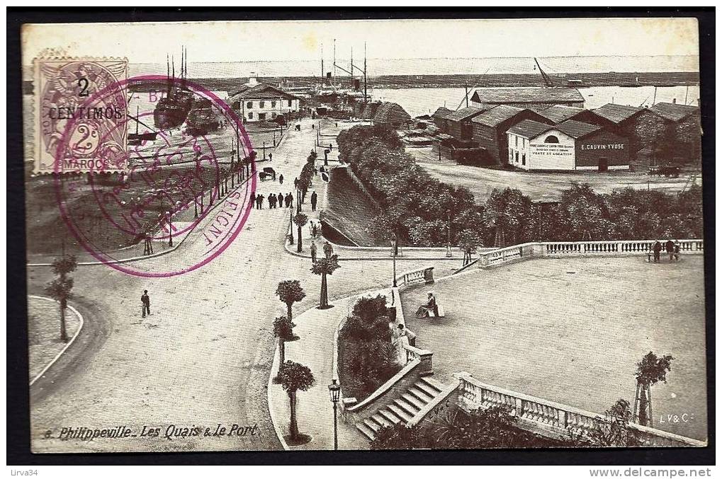CPA  ANCIENNE- ALGERIE- PHILIPPEVILLE  LES QUAIS ET LE PORT EN GROS PLAN TRES ANIMÉ-  COMMERCES NOMMÉS-