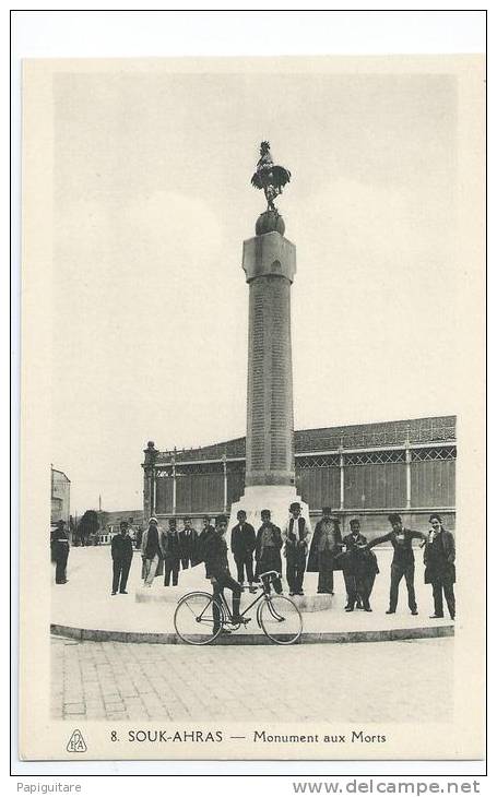 cpa bon etat , carte rare   souk-ahras  , monument aux morts , animation , halle aux grains , carte tres propre