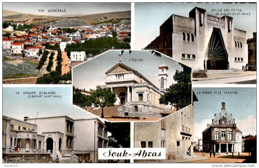ALGERIE SOUK AHRAS VUES MULTIPLES SALLE DES FETES GROUPE SCOLAIRE MAIRIE THEATRE EGLISE VUE GENERALE CPSM