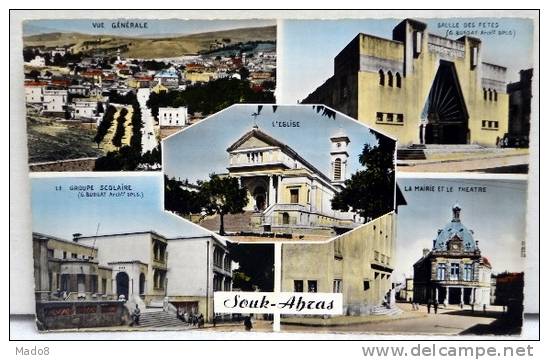 cpsm Souk Ahras  Algérie animée -5 Vuesgénérale-Groupe Scolaire-Salle des Fêtes-l'Eglise-la Mairie et le Théatre -