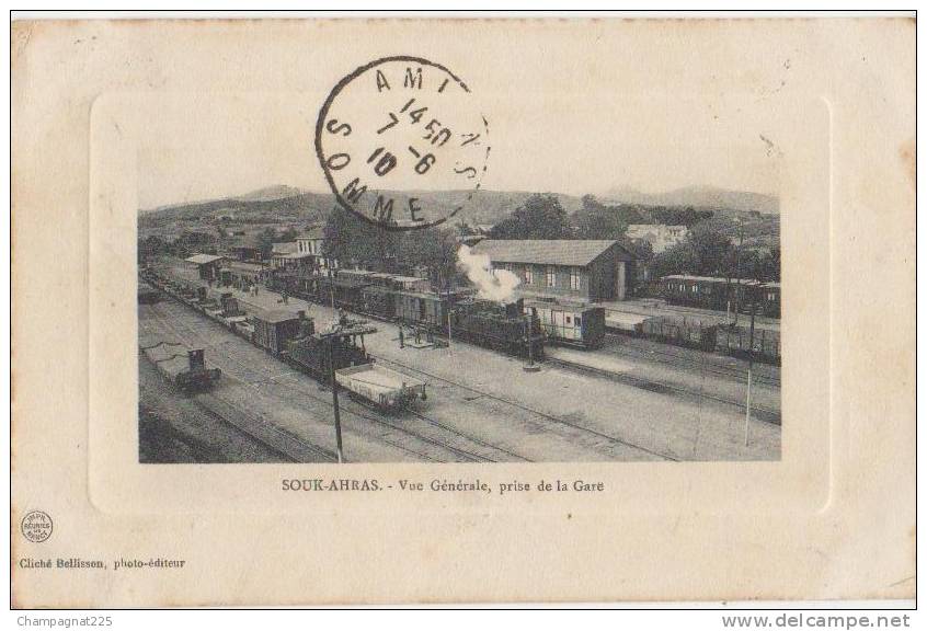 CPA ALGERIE SOUK AHRAS La Gare du Chemin de Fer Passage du Train carte embossée 1910
