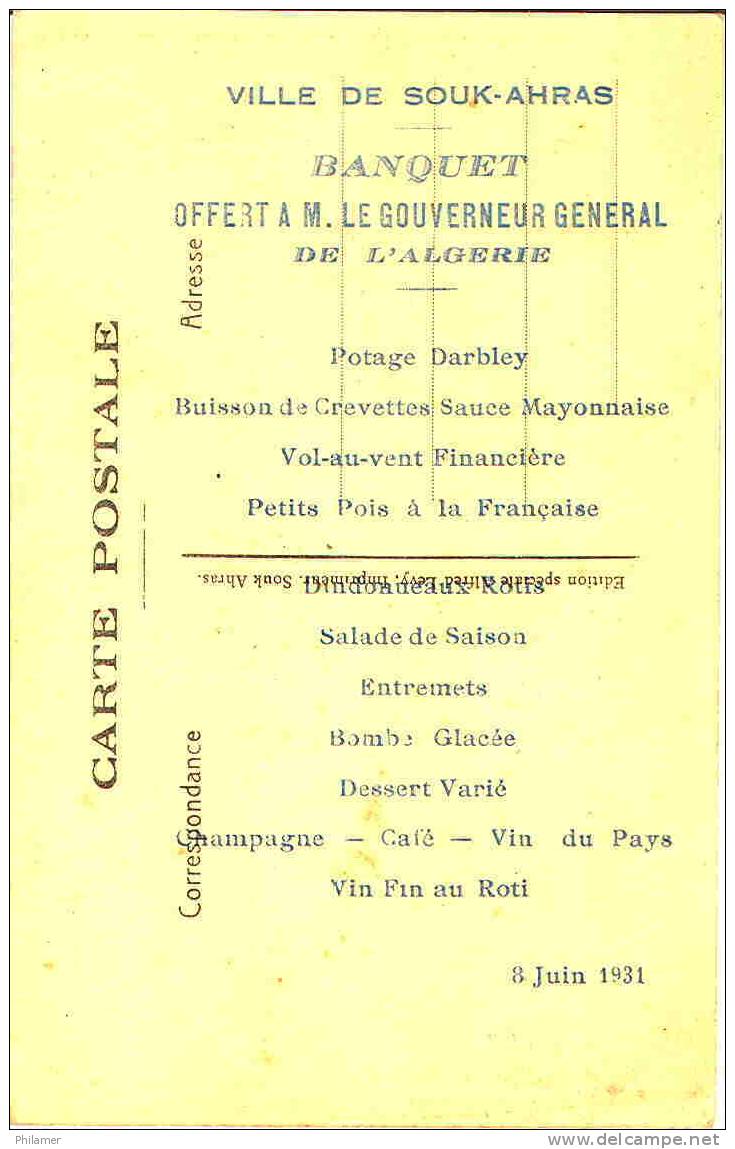 Algerie Algeria carte postale de Souk Ahras quartier frais vallon avec menu offert au gouverneur general, 1931, TBE