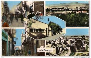 CPA. .   TEBESSA. VUE MULTIPLES, vers la porte salomon,vers la mosquée,circulé1962.