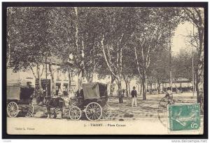 CPA ANCIENNE- ALGÉRIE- TIARET- LA PLACE CARNOT AVEC TRES BELLE ANIMATION GROS PLAN- ATTELAGES DE FIACRES-