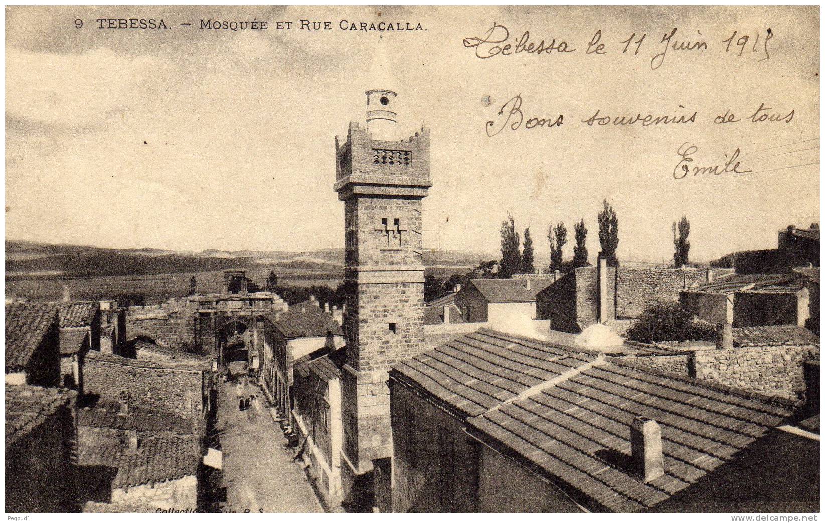 CARTE POSTALE ANCIENNE. ALGERIE. TEBESSA. MOSQUEE ET RUE CARACALLA. 1915.