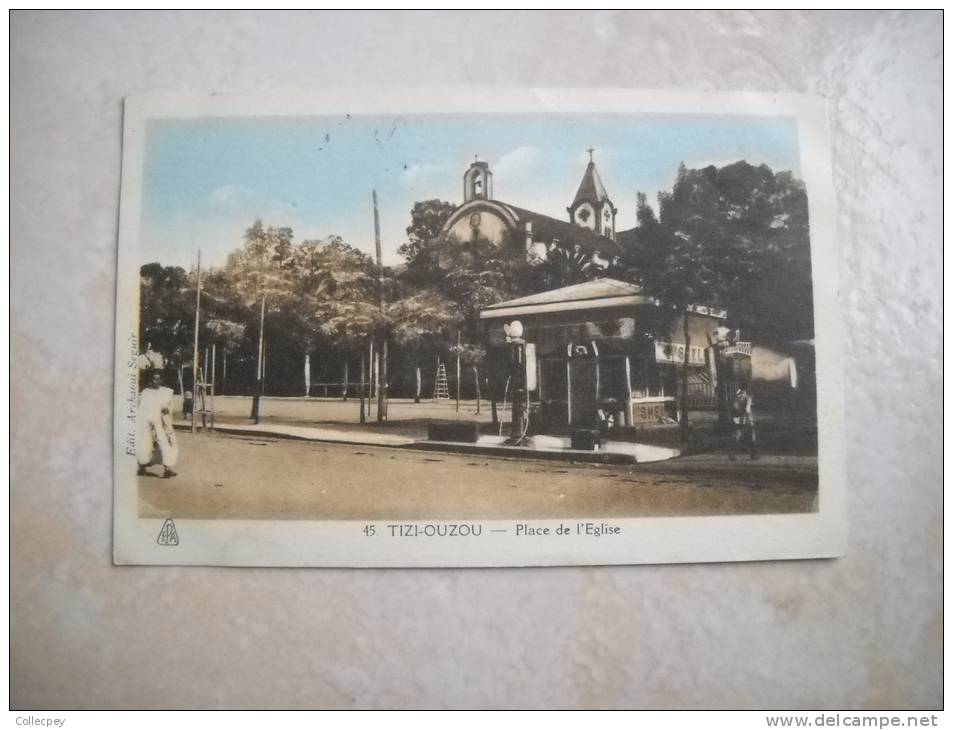 CPA TIZI OUZOU Pompes à essence SHELL Place de l'église - Algérie