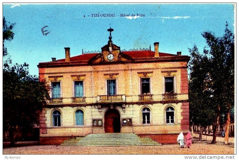 CPA ALGERIE TIZI OUZOU N°4 HOTEL DE VILLE ANIMEE COLORISEE COLL DAKA BERKANI TIZI OUZOU