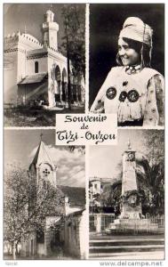 ALGERIE  TIZI OUZOU  Souvenir de  ........ ( multivue - la mosquée - l'Eglise - Monument aux Morts - Femme Kabyle)