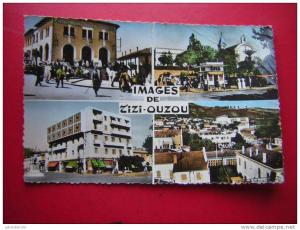 CPSM-ALGERIE-IMAGES DE TIZI-OUZOU-LA POSTE-LA PLACE DE L'EGLISE-PLACE DE LA MAIRIE AVENUE FERDINAND AILLAUD-VUE GENERALE