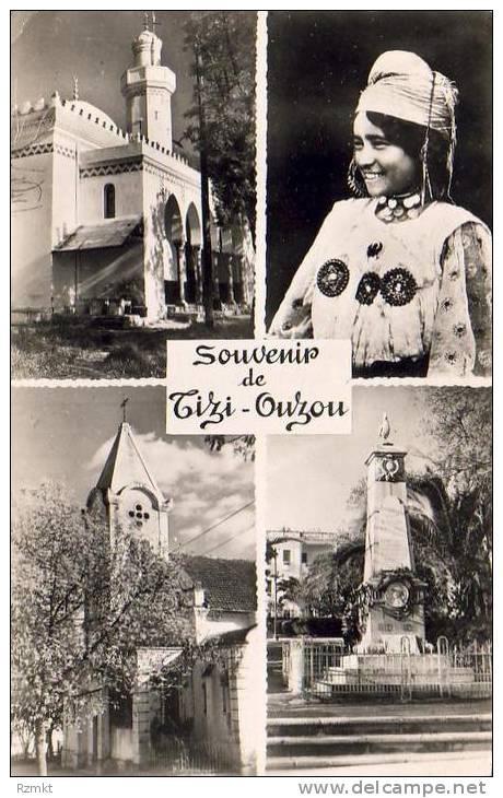 ALGERIE  TIZI OUZOU  Souvenir de  ........ ( multivue - la mosquée - l'Eglise - Monument aux Morts - Femme Kabyle)